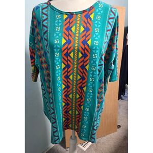 LuLaRoe Irma Tunic Top Teal Geometric Tribal Print Half Sleeve Womens Medium